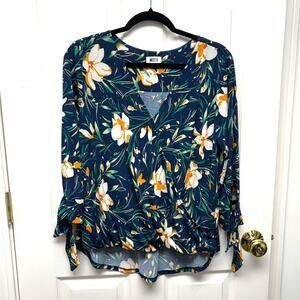 West K Faux Wrap Top, Blue and Yellow Floral, V Neck, 3/4 Sleeves, Size L